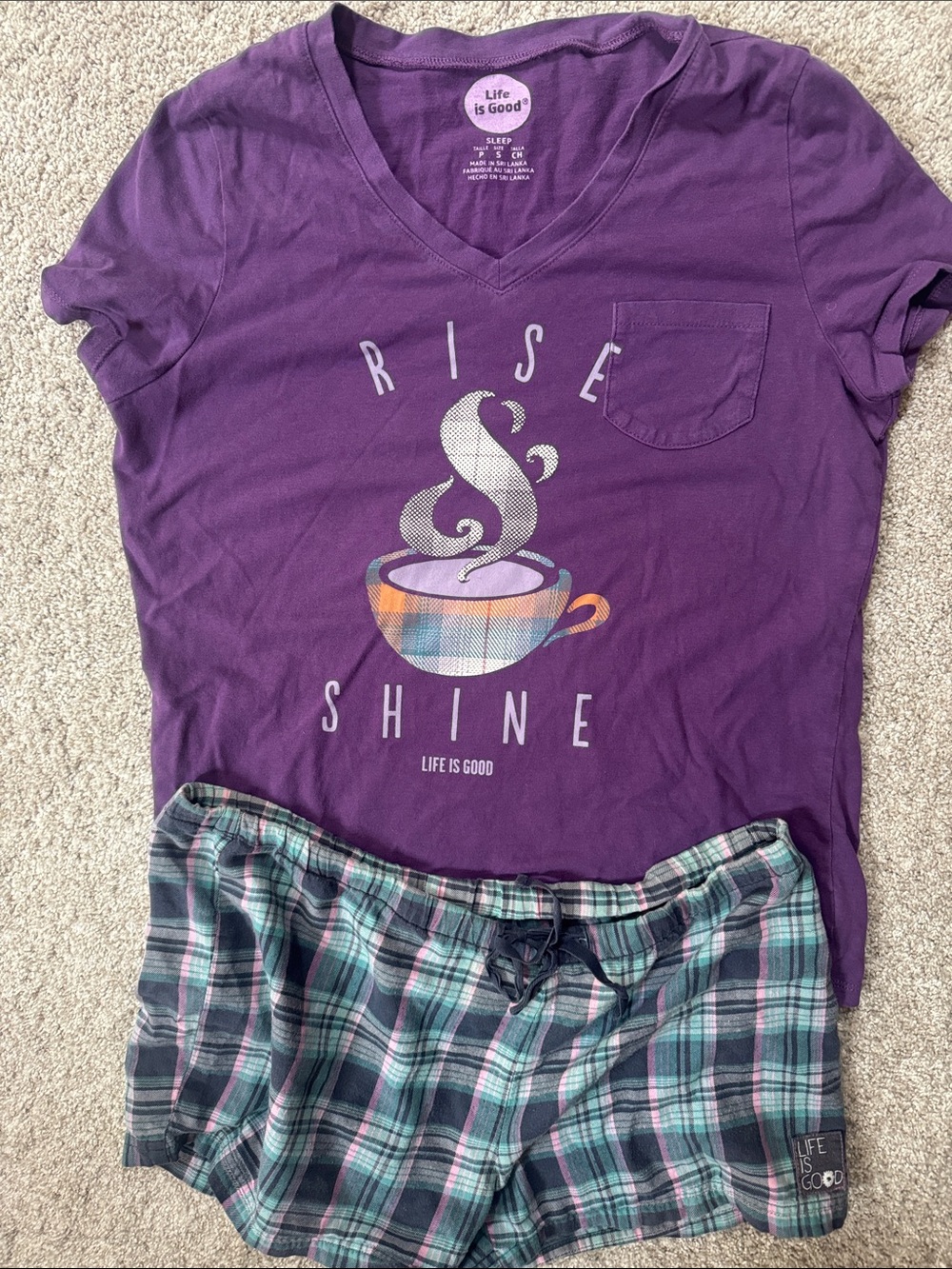 Life Is Good Purple V-Neck 'Rise & Shine' Tee with Teal Plaid Shorts
